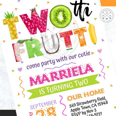 Twotti Frutti 2nd Birthday Invitation Fruits Tutti Fruity Etsy