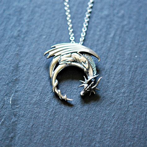 Sterling Silver Dragon Necklace Winged Dragon On Moon