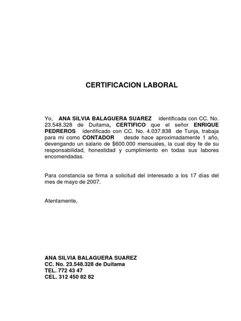 Ejemplo De Certificado Laboral Con Funciones Modelo D