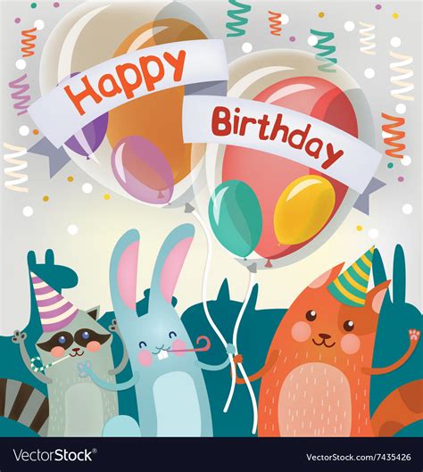 Happy Birthday Greeting Card With Cute Animals Vector Image