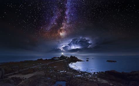 Nature Landscape Coast Long Exposure Starry Night Milky Way Storm