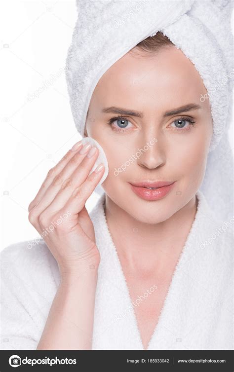 Female Clean Skin Using Cotton Pad Isolated White Stock Photo