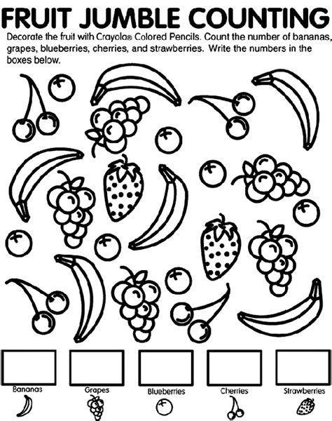 Preschool exercise coloring pages throughout printable with glum. Fruit Jumble Counting Coloring Page | crayola.com