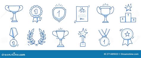 Award Icon Doodle Hand Drawn Set Winner Trophy Cup Champion Medal