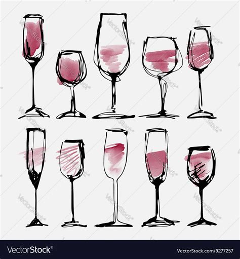 Wine Glass Set Collection Sketched Watercolor Vector Image