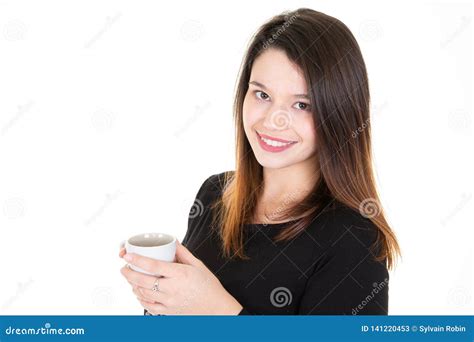 Portrait Of Pretty Young Woman Holding A Coffee Cup Mug Stock Image