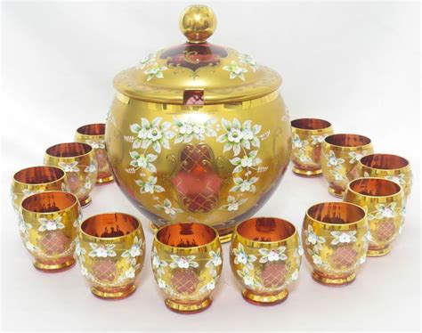 Bohemian Czech Cranberry 24k Gold Enamel Crystal Punch Bowl Set 12 Cups Punch Bowl Set