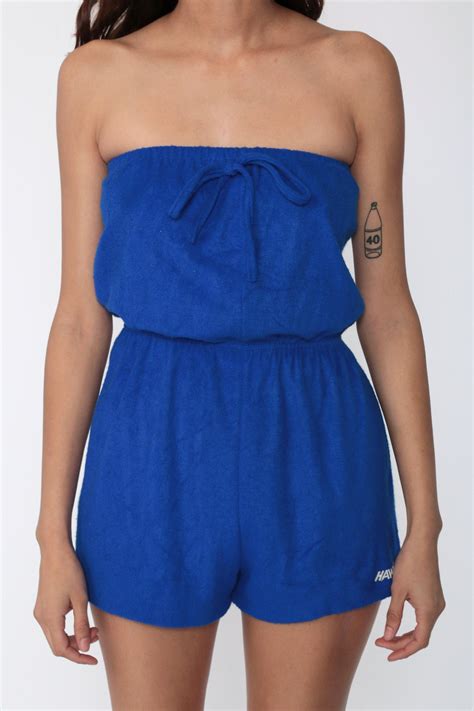 Terry Strapless Romper 80s Royal Blue Romper Short Terry Cloth Playsuit