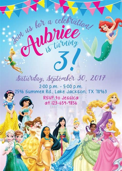 Disney Princess Invitation Belle Snow White Cinderella Ariel