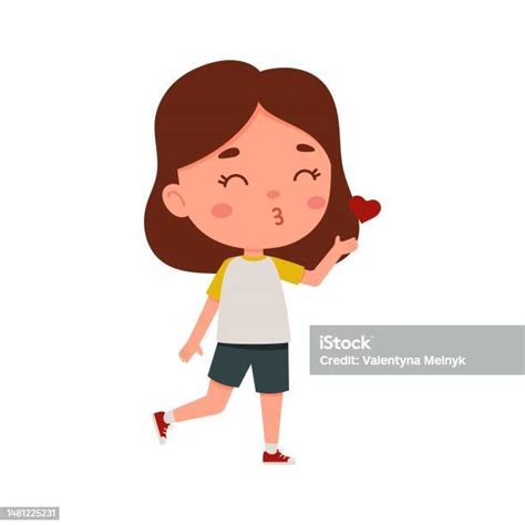 Cute Little Kid Girl Blowing A Kiss Cartoon Schoolgirl Character Show