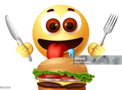 Emoji Tersenyum Makan Desain Vektor Karakter Hamburger Smiley Emoji
