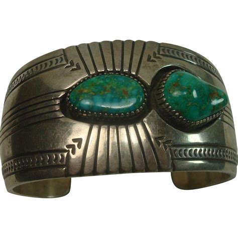 Signed R A Lewis Turquoise And Sterling Cuff Bracelet From