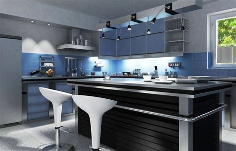 This Ultra Modern Kitchen Is Awash In Blue And Silver Tones Anchored