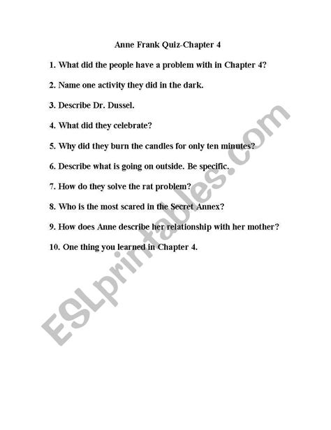 English Worksheets Anne Frank Quiz Chapter 4