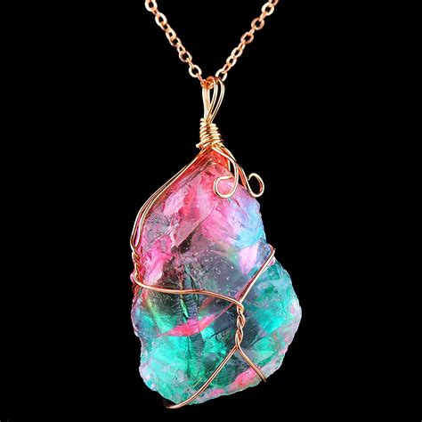 PC Fashion Irregular Rainbow Stone Colorful Natural Crystal Chakra Rock Necklace Gold Plated
