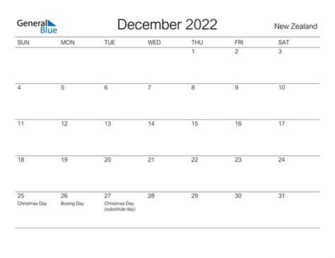 December 2022 Calendar With New Zealand Holidays