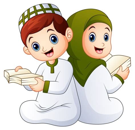 Heureux Enfant Musulman Tenant Coran Vecteur Premium
