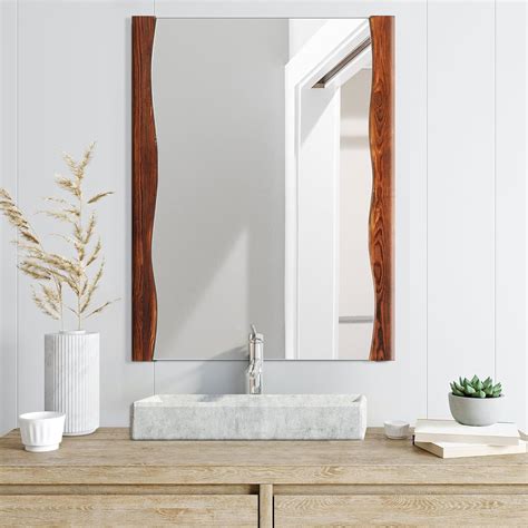 Yoshoot Farmhouse Wood Bathroom Mirror 32x22 Rustic Wall Mirror Frameless Vanity