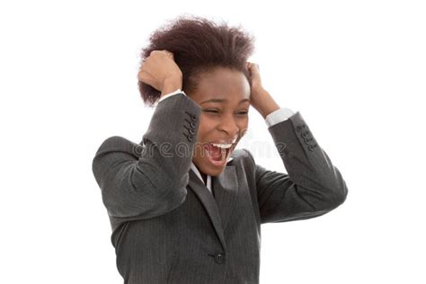Business Frustrated Black Woman Pulling Out Hair Screaming Isolated On White Background Img