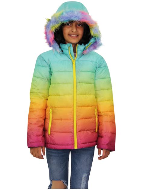 Kids Girls Jackets Rainbow Faux Fur Hooded Two Tone 3d Puffer Bubble