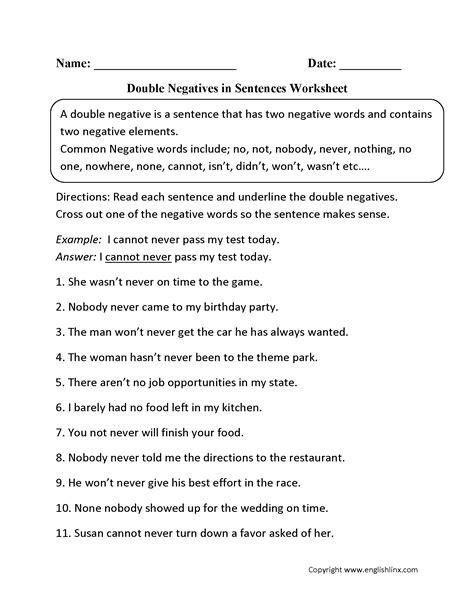 Free Printable Worksheets On Double Negatives Grade 5
