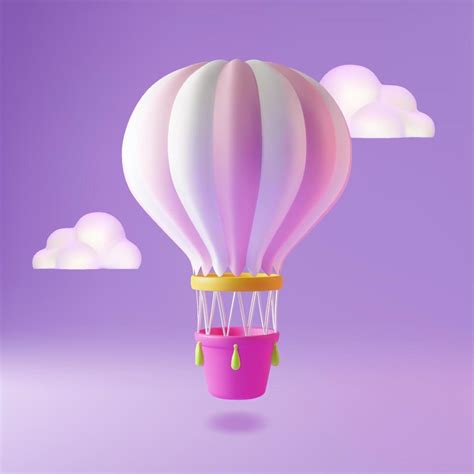 3d Hot Air Balloon Flying Between Clouds In The Sky Plasticine Cartoon Style Travel Concept