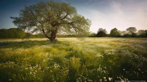 Beautiful Spring Landscape With A Big Tree In The Meadow Stock