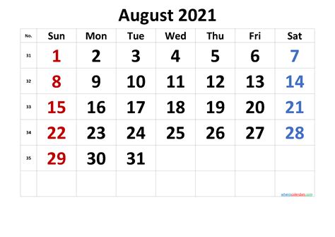 Printable August 2021 Calendar With Holidays