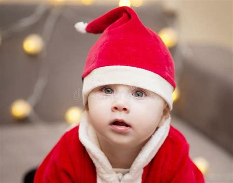Baby Boy In Santa Costume Christmas Indoor Stock Image Image Of