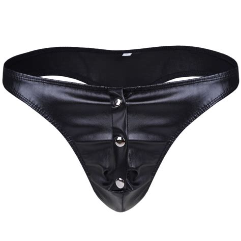 Mens Leather Lingerie Jockstrap Zipper Bikini Briefs Lace Up Underwear