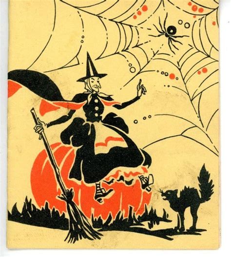 Halloween vintage illustration witch cat spider (With ...