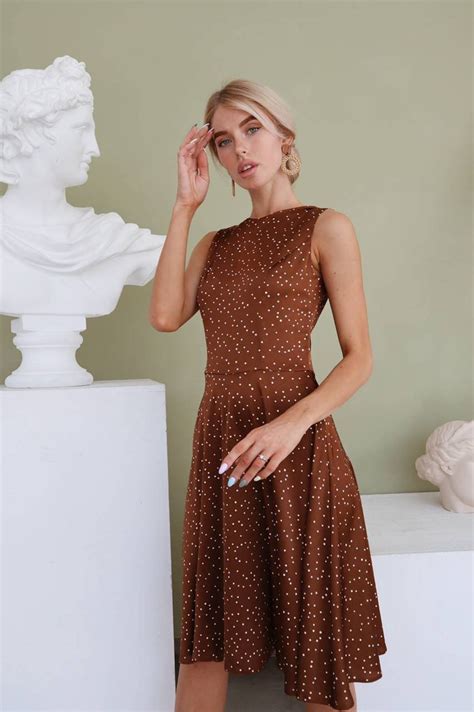 Brown Polka Dot Silk Midi Dress For Women With Crew Neck Front Etsy