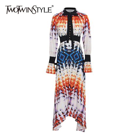 Twotwinstyle Patchwork Colorblock Dresses For Female O Neck Long Sleeve