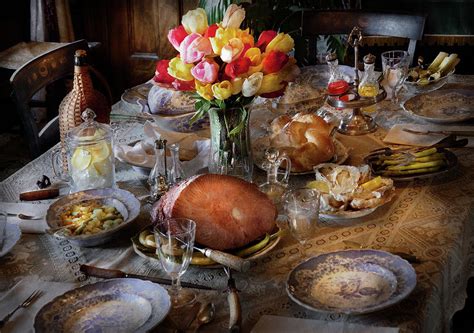 For dinner americans usually have meat, fried or baked potatoes with ketchup or sour cream, corn, peas, sometimes macaroni and cheese or spaghetti; Food - Easter Dinner Photograph by Mike Savad