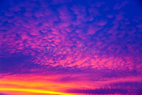 Vivid Saturated Beautiful Sunset Sky In Pink Purple And Blue Colors