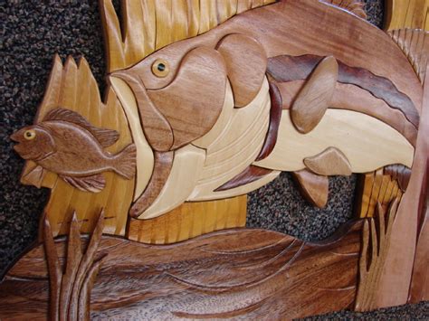 Solid Wood Intarsia Bass With Bait Fish Wall Decor Fishing