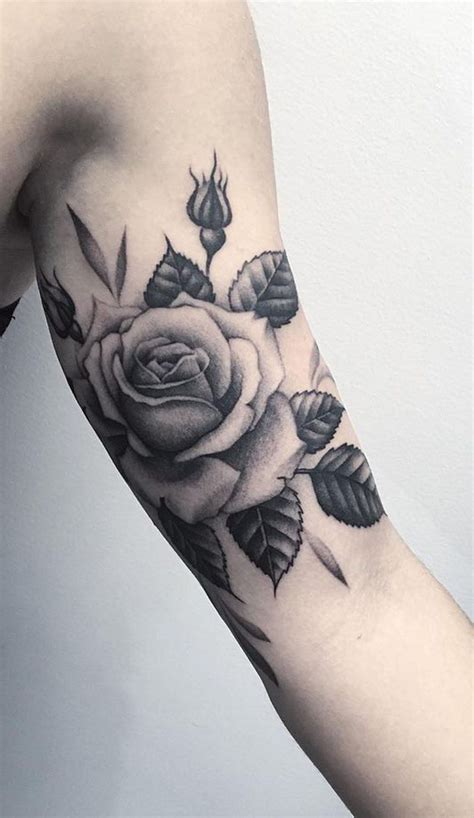 Realistic Black And White Rose Bicep Arm Tattoo Ideas For