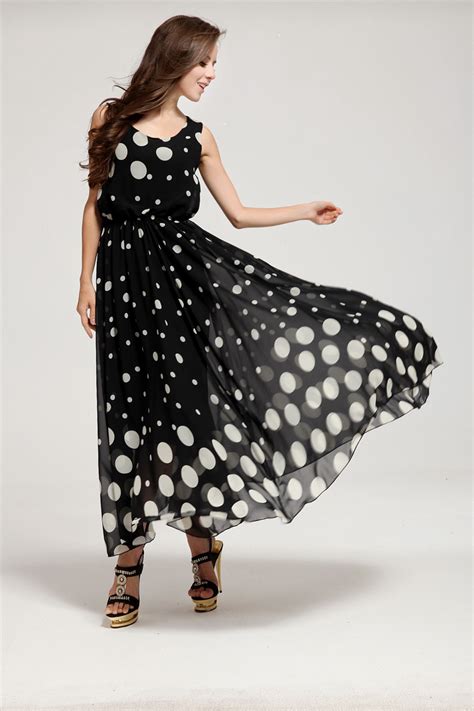 Fashion Women Polka Dots Round Collar Sleeveless Maxi Dress