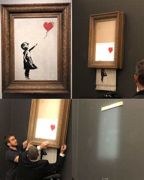 The Man Is Painting On The Wall With His Red Heart Balloon In Front Of Him