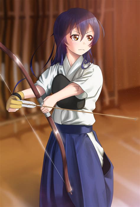 safebooru 1girl archery archery dojo arm up arrow projectile bangs blue hair bow weapon