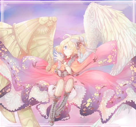 safebooru 1girl ahoge angel angel wings asymmetrical wings blonde hair blue eyes boots
