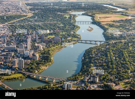 Aerial View Of City Of Saskatoon And South Saskatchewan River Stock