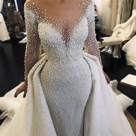 Luxury Wedding Dresses 2020 Detachable Skirt Peals Beaded Long Sleeve