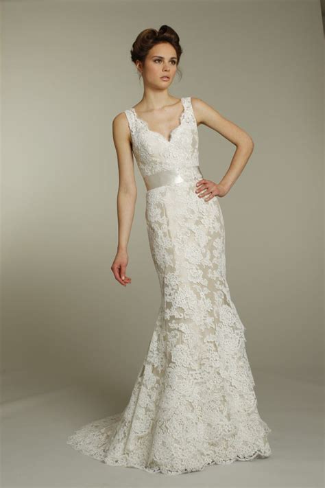 Gorgeous strapless mermaid wedding dress with a ruffled skirt and a textural look. ivory fall v-neck lace wedding dress with champagne ribbon ...