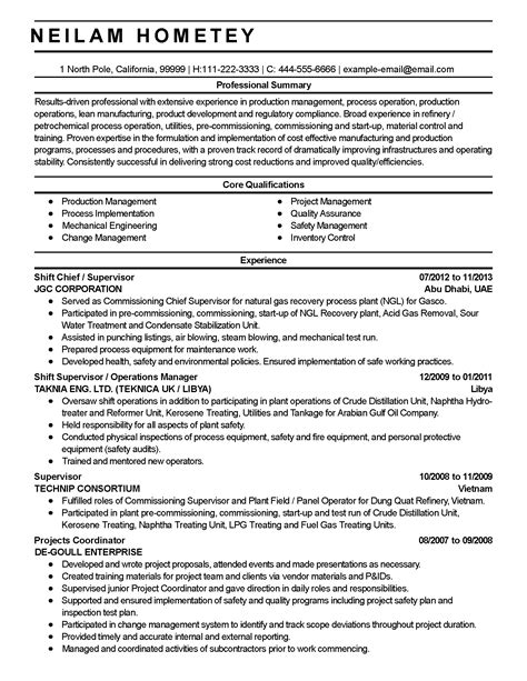 Professional Production Manager Resume Example