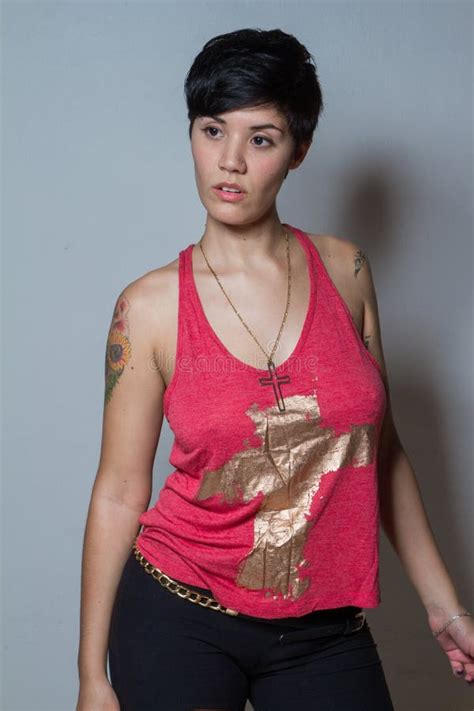 Standing Short Hair Brunette Woman Wearing A Red Tank Top With Stock Image Image Of Looking
