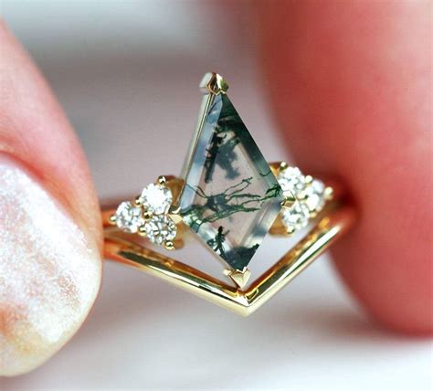 Moss Agate Diamond Ring Set - Praise in 2020 | Agate engagement ring