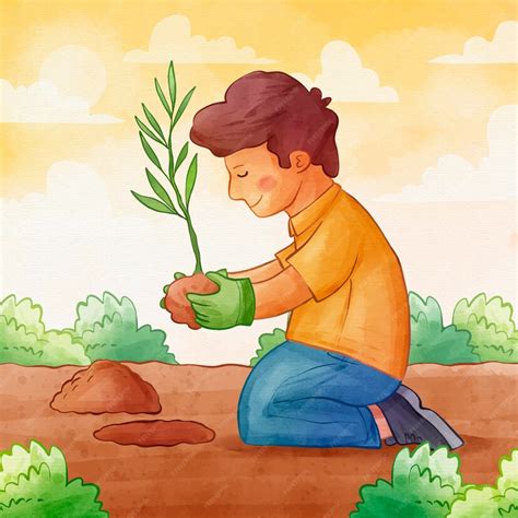 Free Vector Watercolor Man Planting Tree Illustration