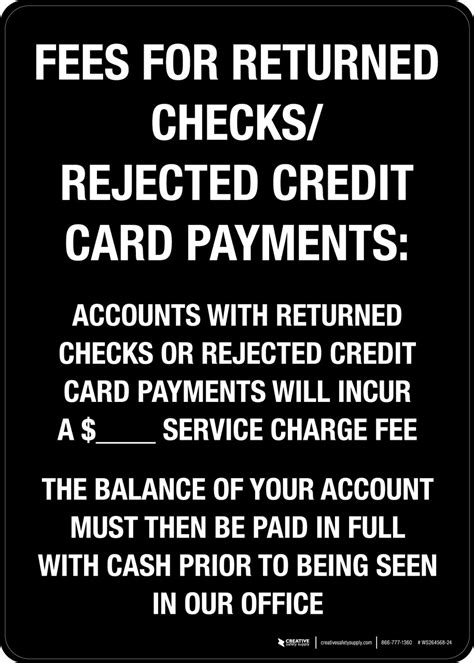 Fees For Returned Checks Rejected Credit Card Payments Portrait Wall Sign