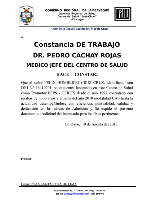 Constancia De Trabajo Gerencia Regional De Salud Centro De